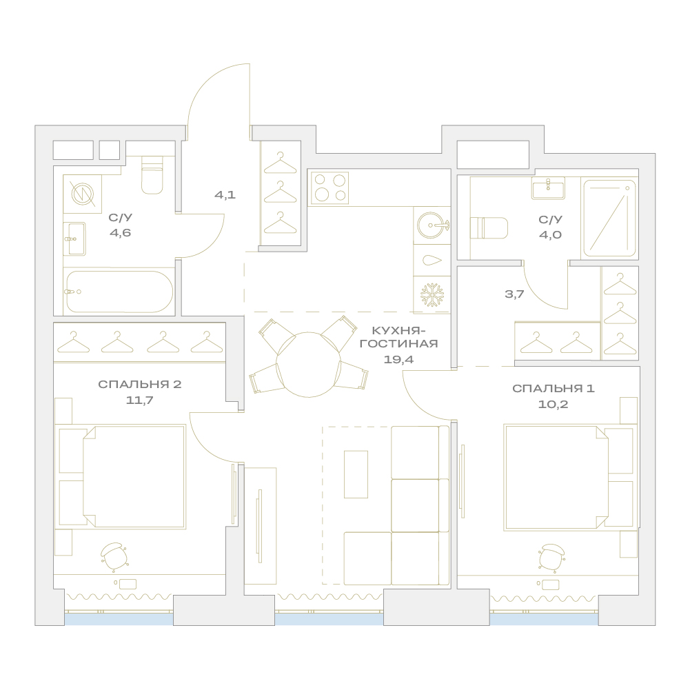 2 комн. квартира, 57.7 м², 4 этаж  (из 17)