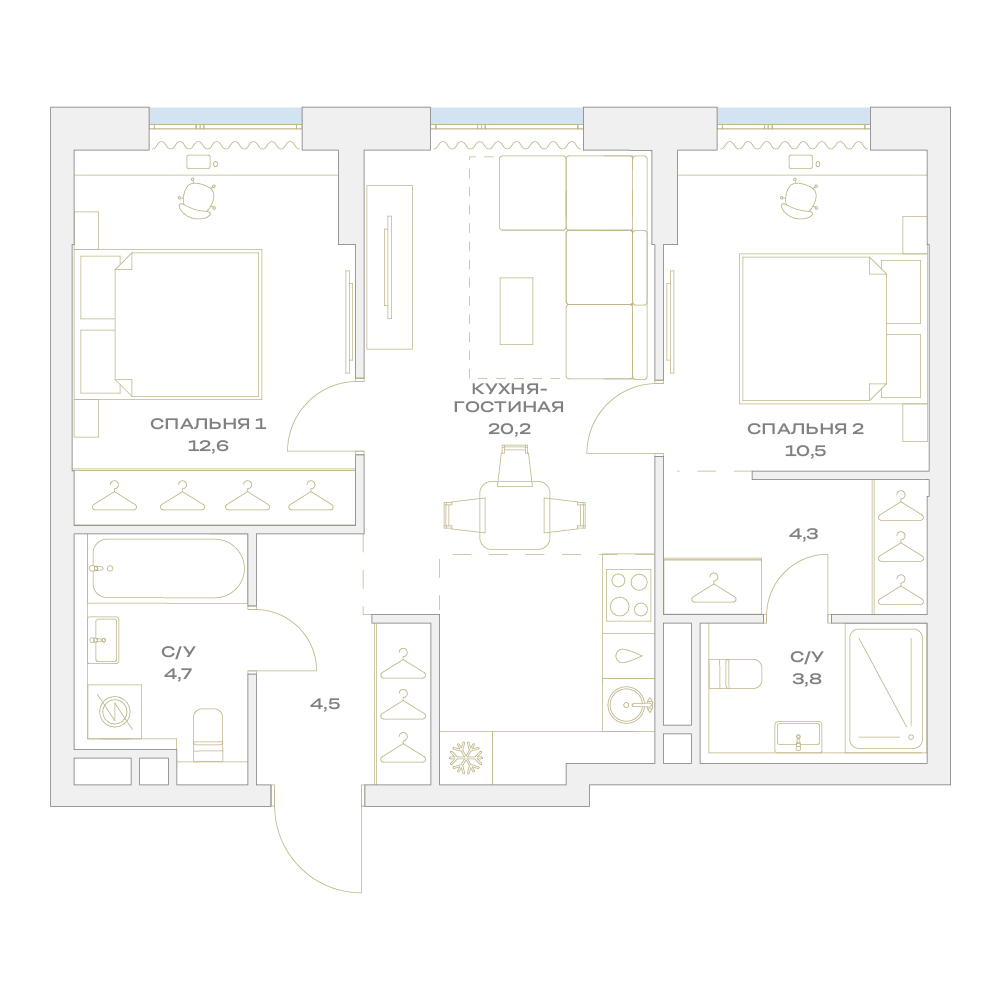 2 комн. квартира, 60.6 м², 5 этаж  (из 17)