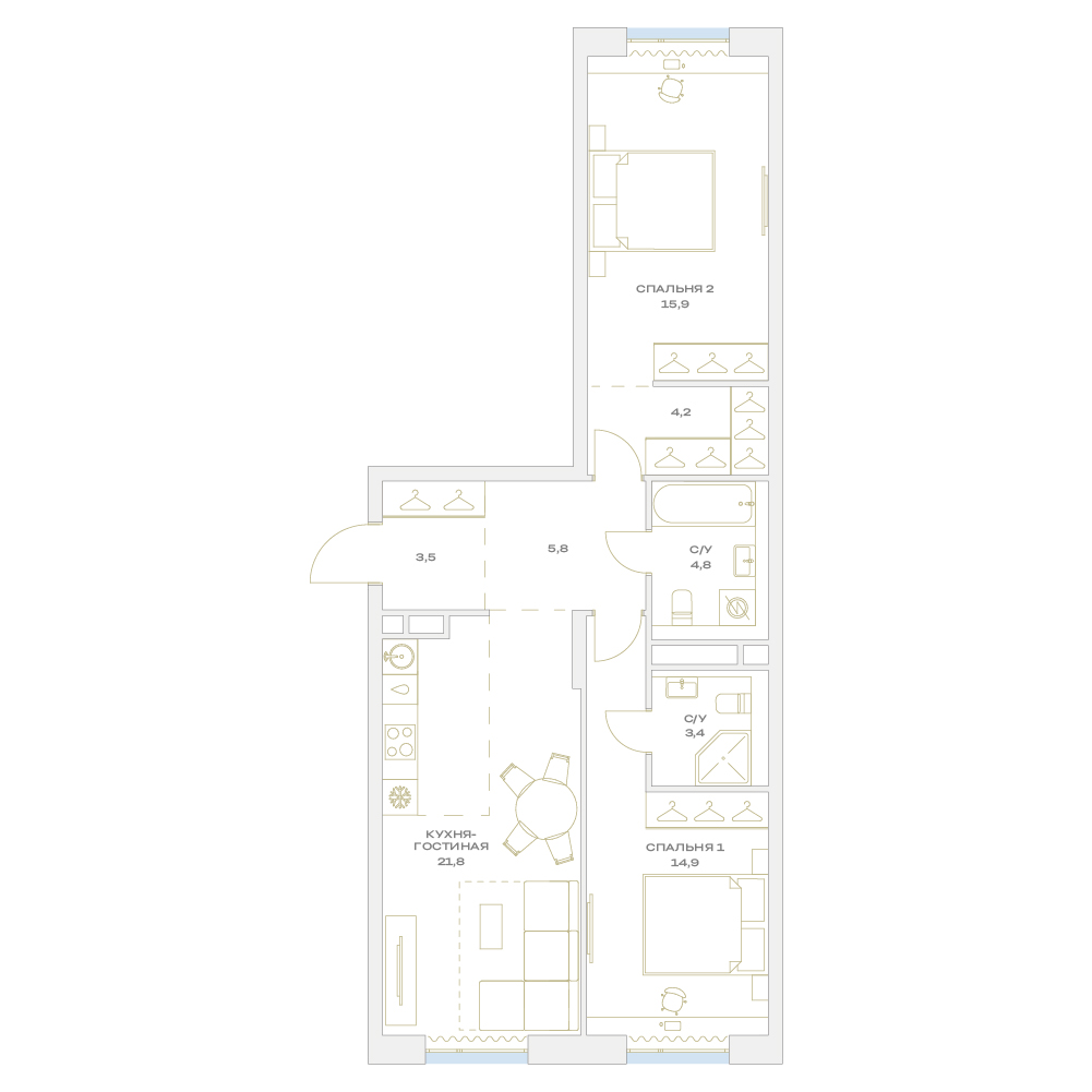 2 комн. квартира, 74.3 м², 6 этаж  (из 17)