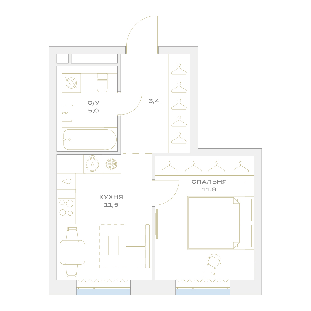 1 комн. квартира, 34.8 м², 7 этаж  (из 17)