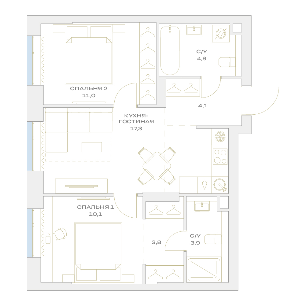 2 комн. квартира, 55.1 м², 2 этаж  (из 17)
