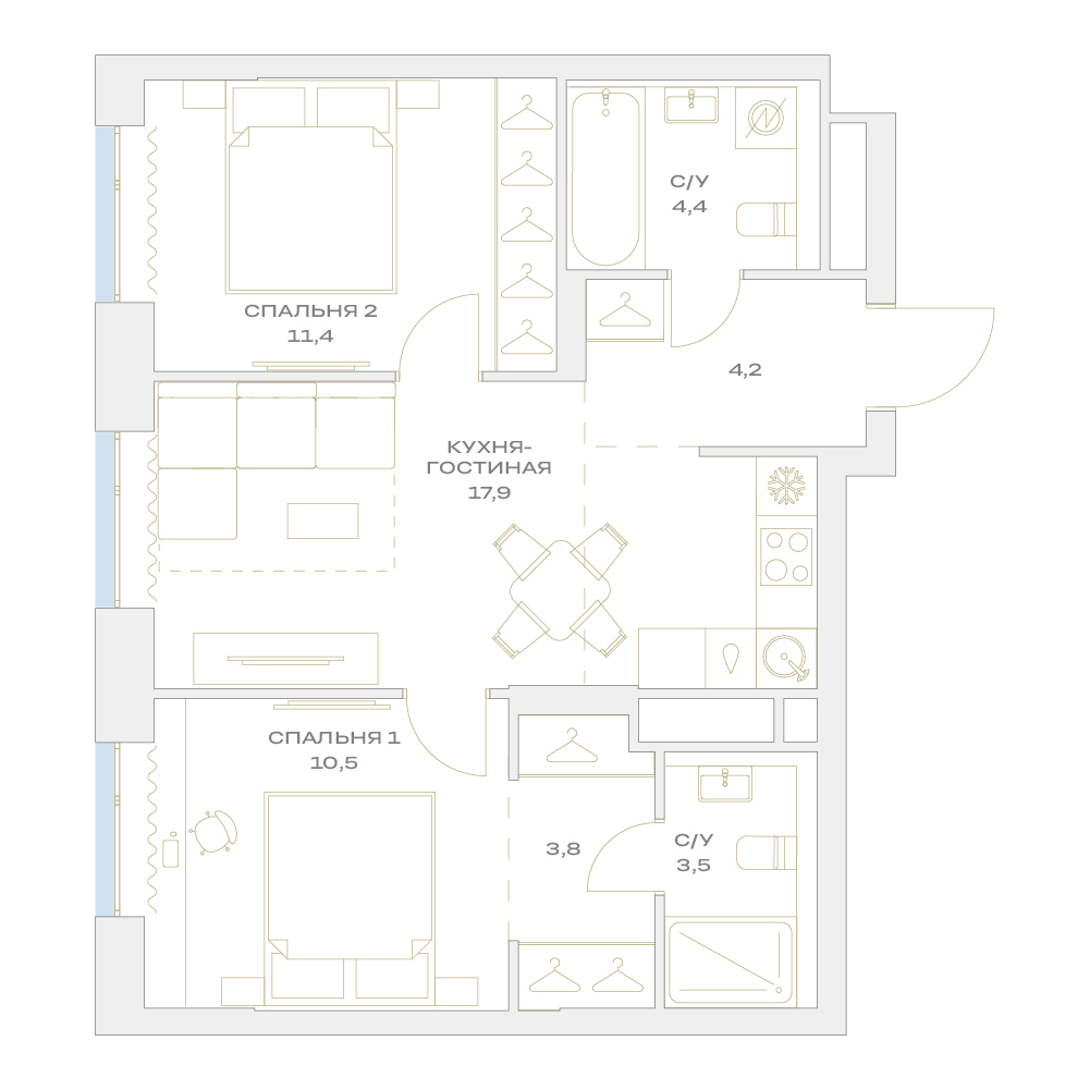 2 комн. квартира, 55.7 м², 3 этаж  (из 17)