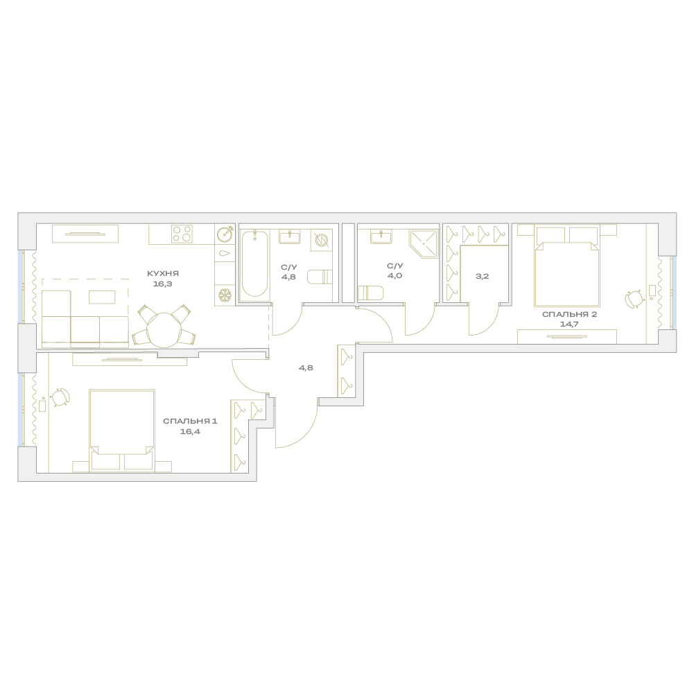 2 комн. квартира, 64.2 м², 3 этаж  (из 17)