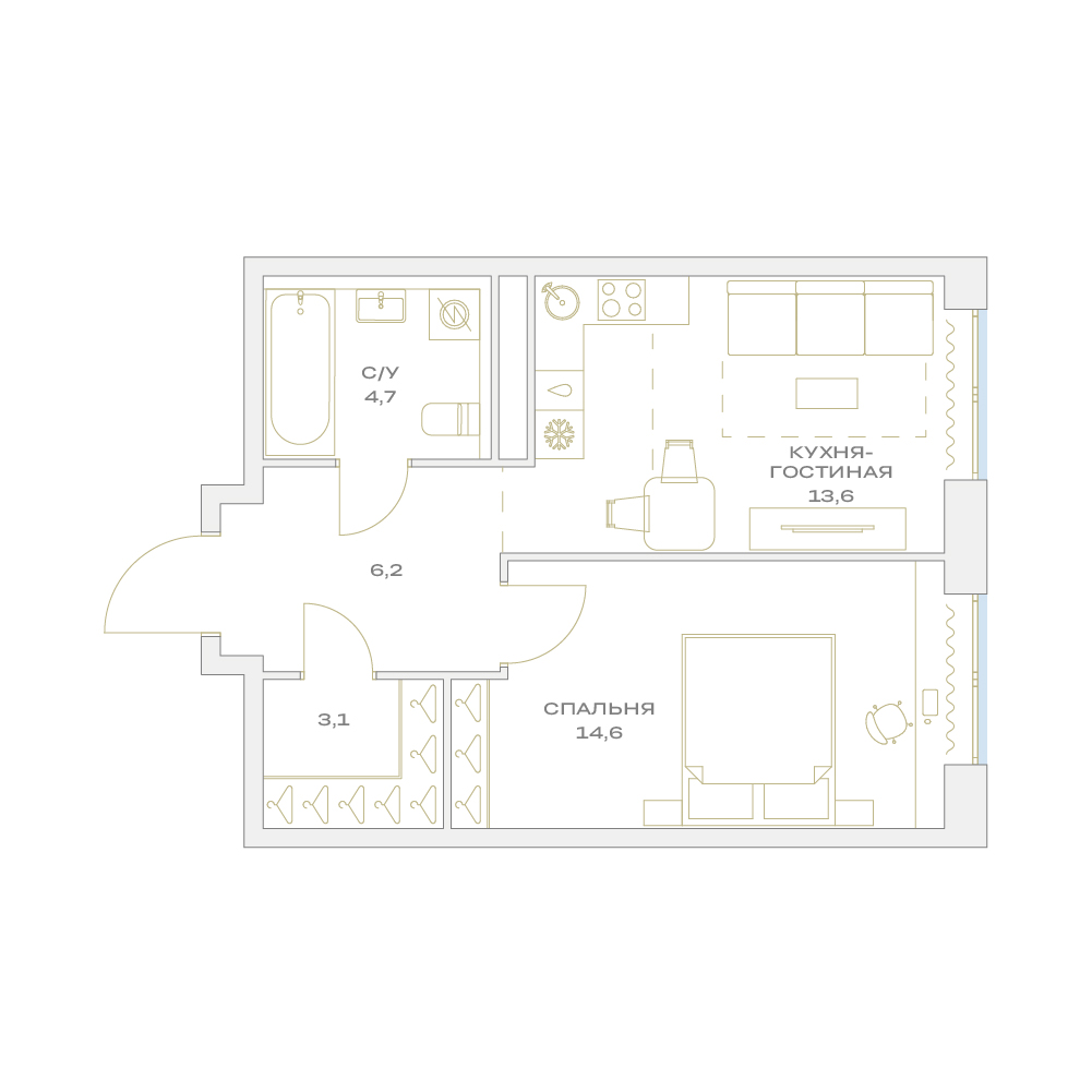 1 комн. квартира, 42.2 м², 8 этаж  (из 17)