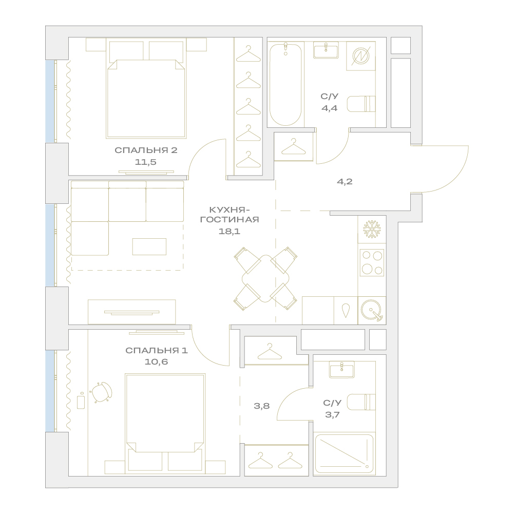 2 комн. квартира, 56.3 м², 14 этаж  (из 17)