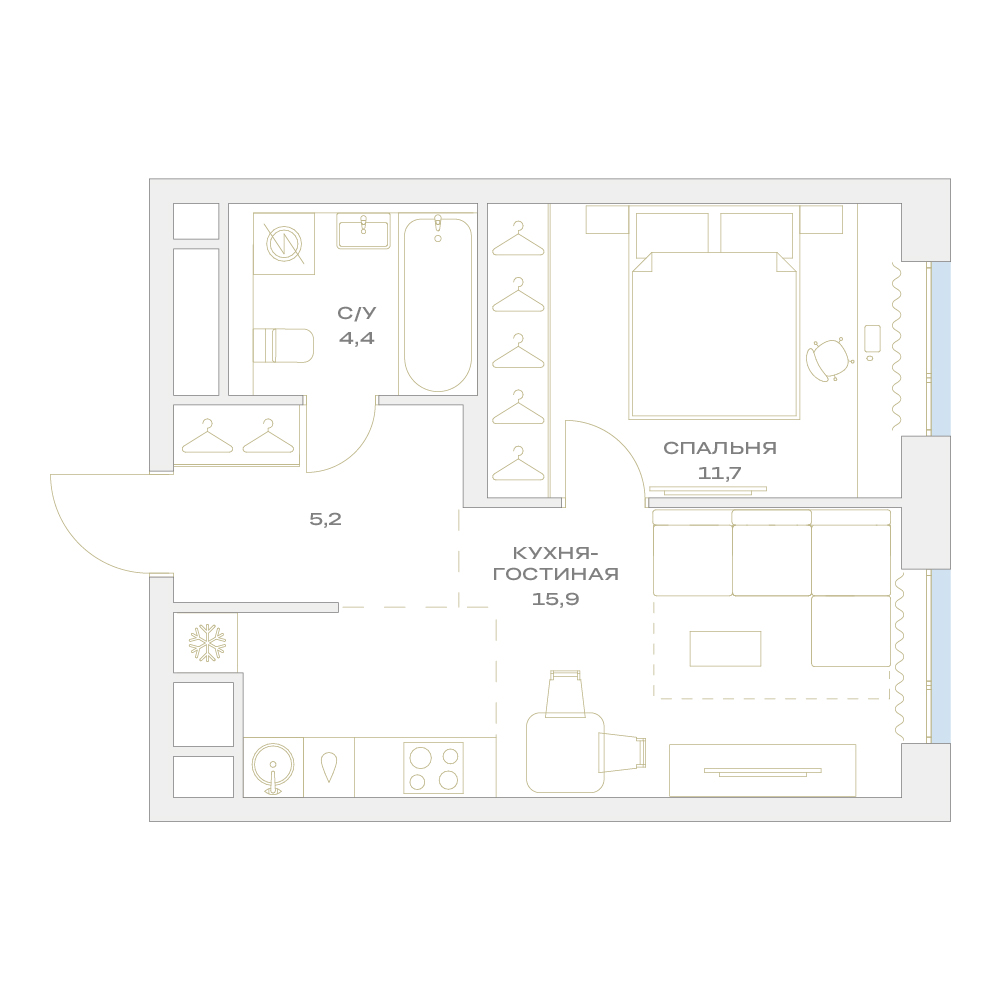 2 комн. квартира, 37.2 м², 14 этаж  (из 17)