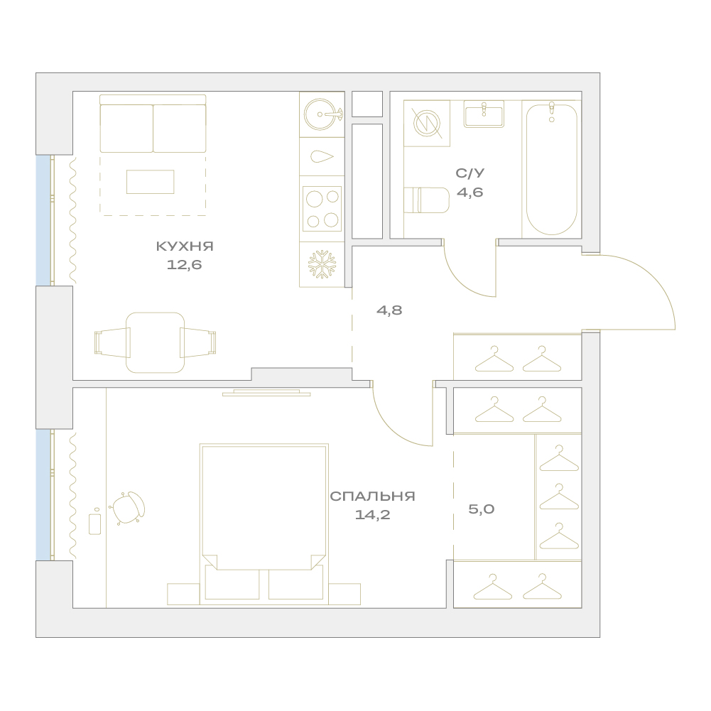 1 комн. квартира, 41.2 м², 16 этаж  (из 17)