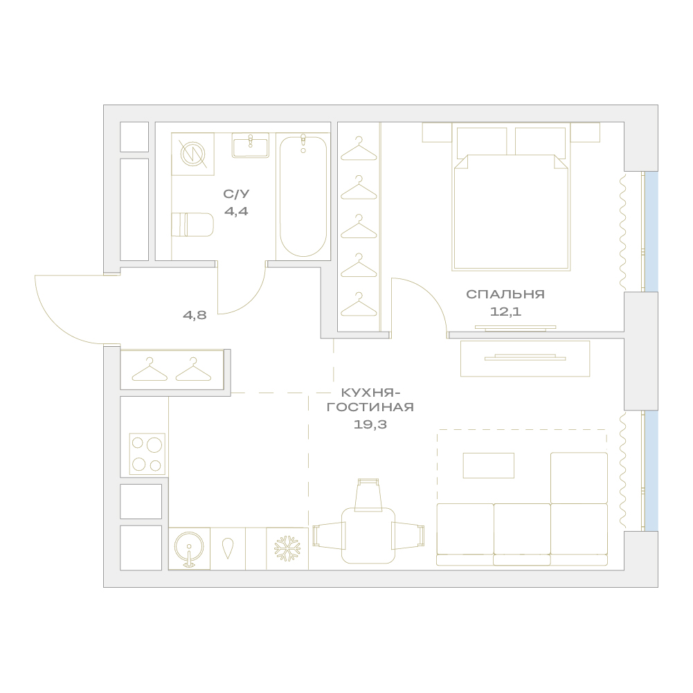 2 комн. квартира, 40.6 м², 16 этаж  (из 17)