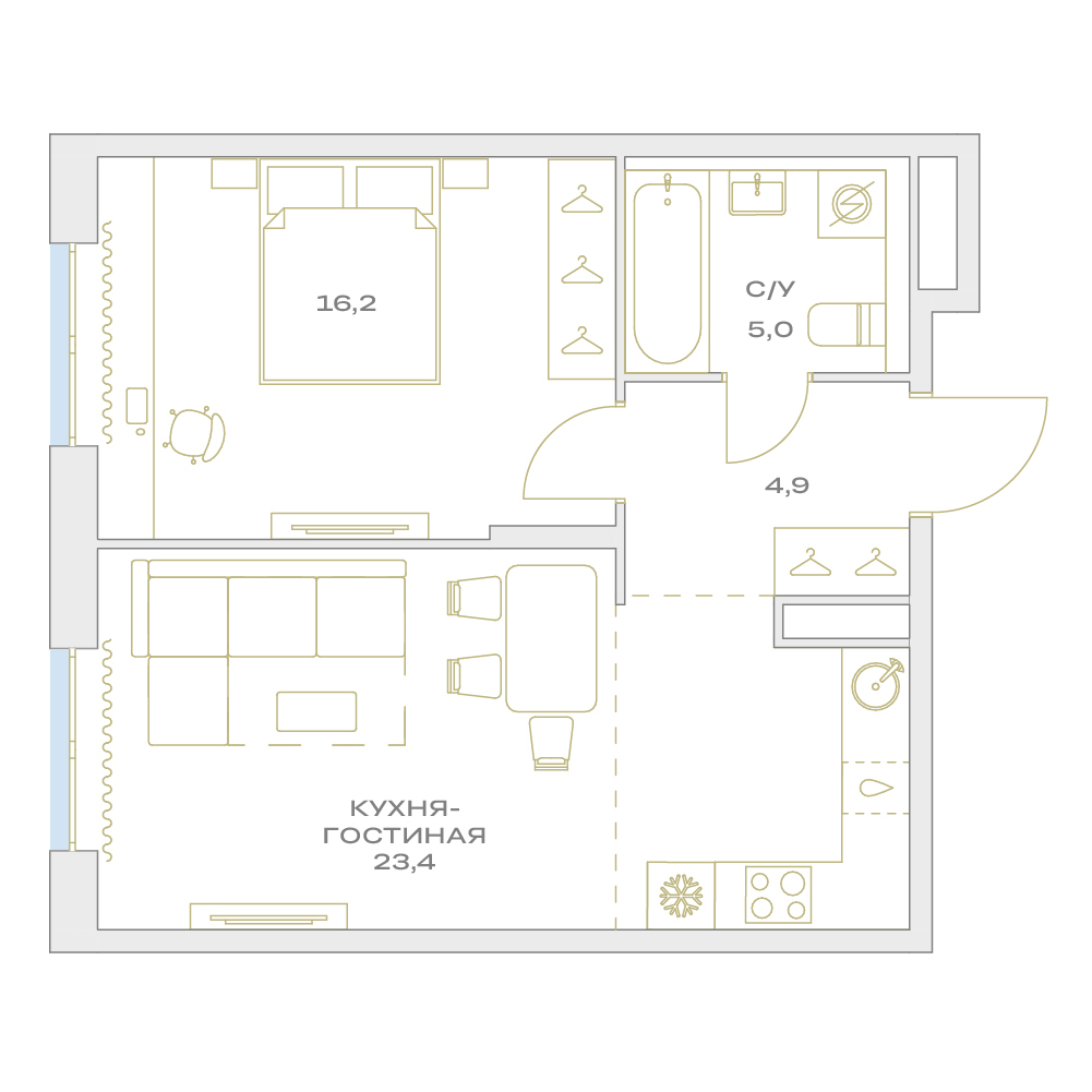 2 комн. квартира, 49.5 м², 12 этаж  (из 17)