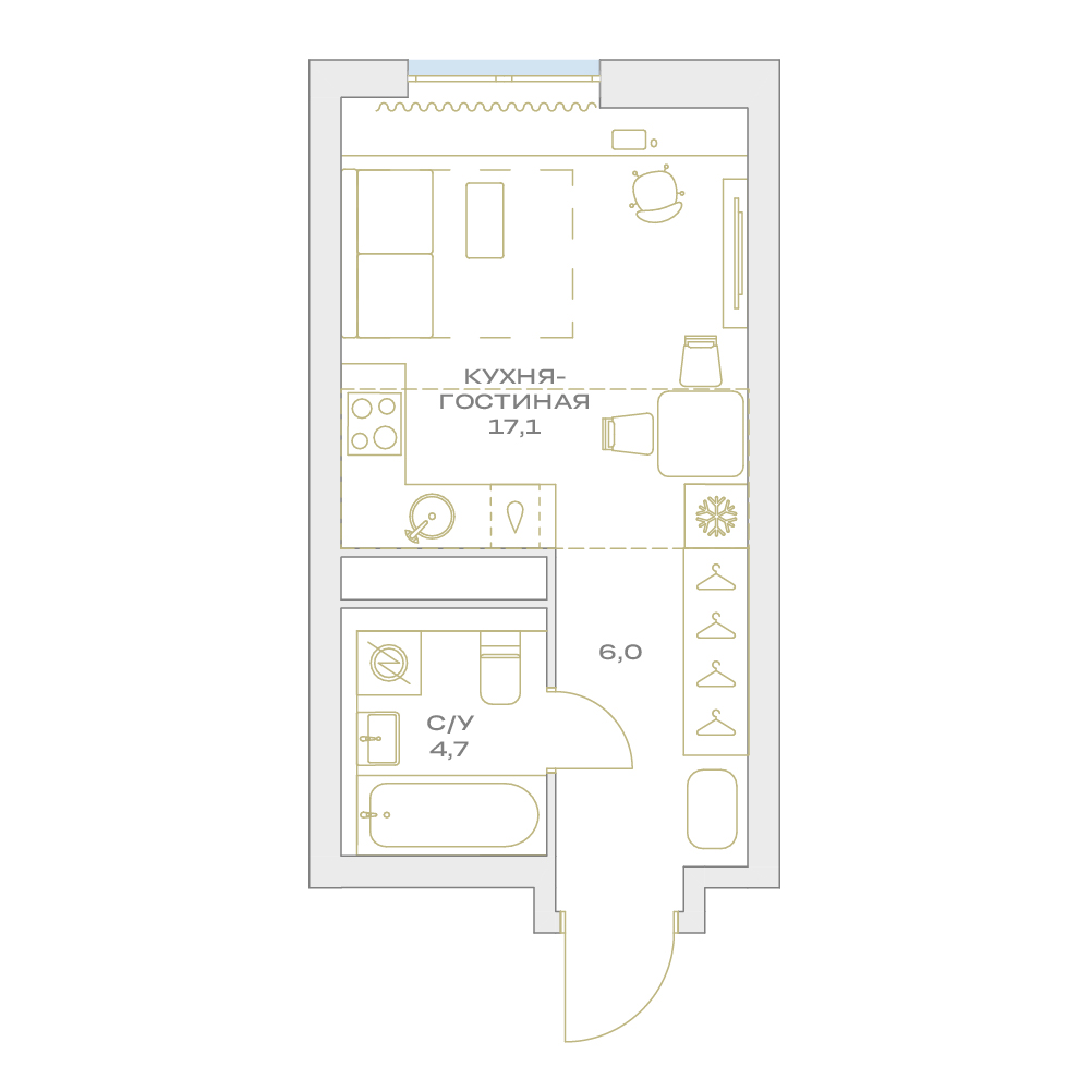 студия, 27.8 м², 12 этаж  (из 17)