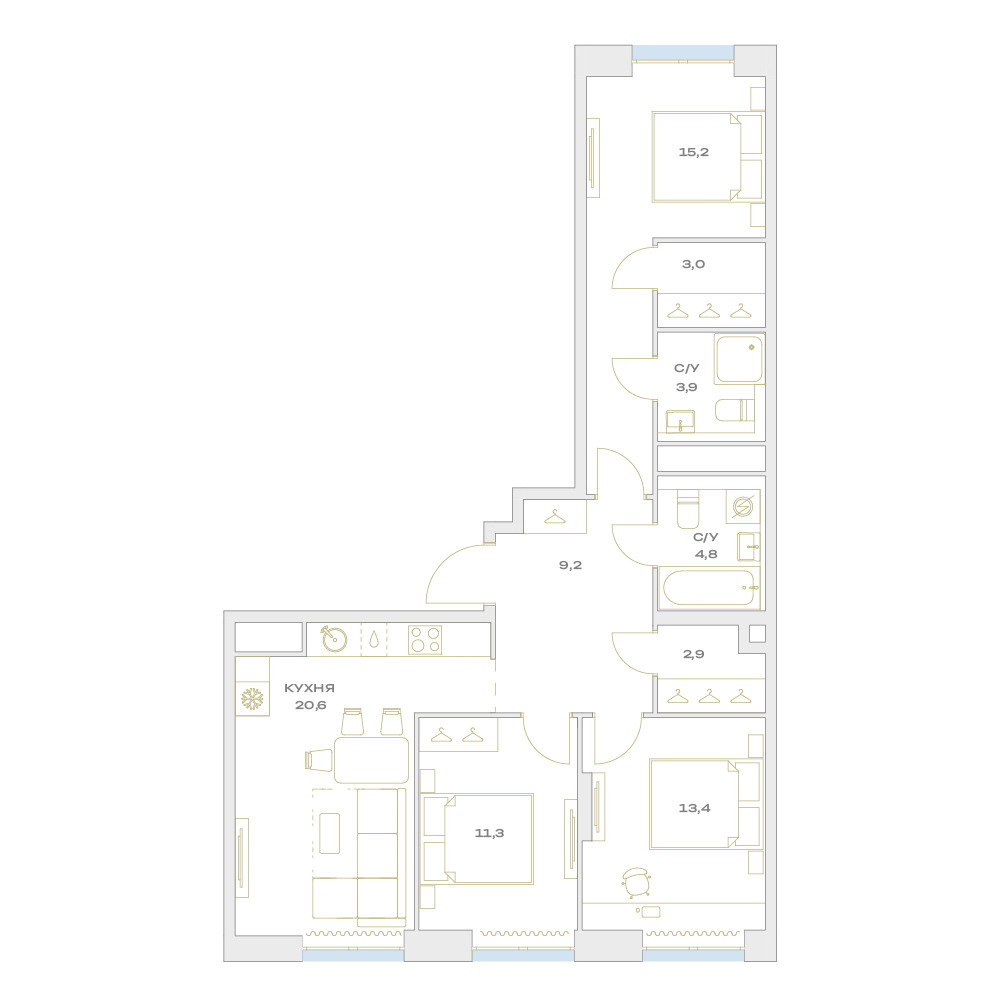 4 комн. квартира, 84.3 м², 12 этаж  (из 17)