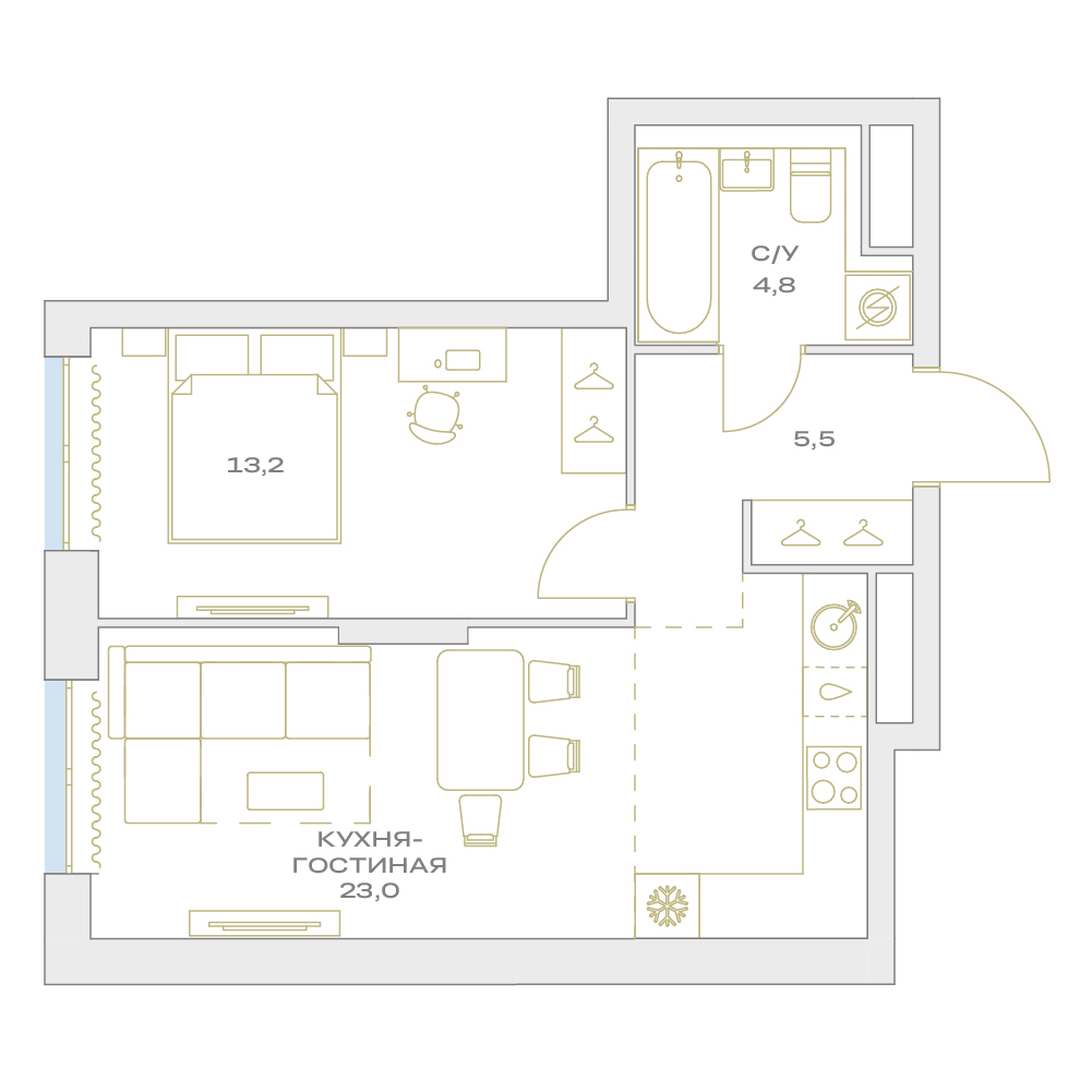 2 комн. квартира, 46.5 м², 15 этаж  (из 17)