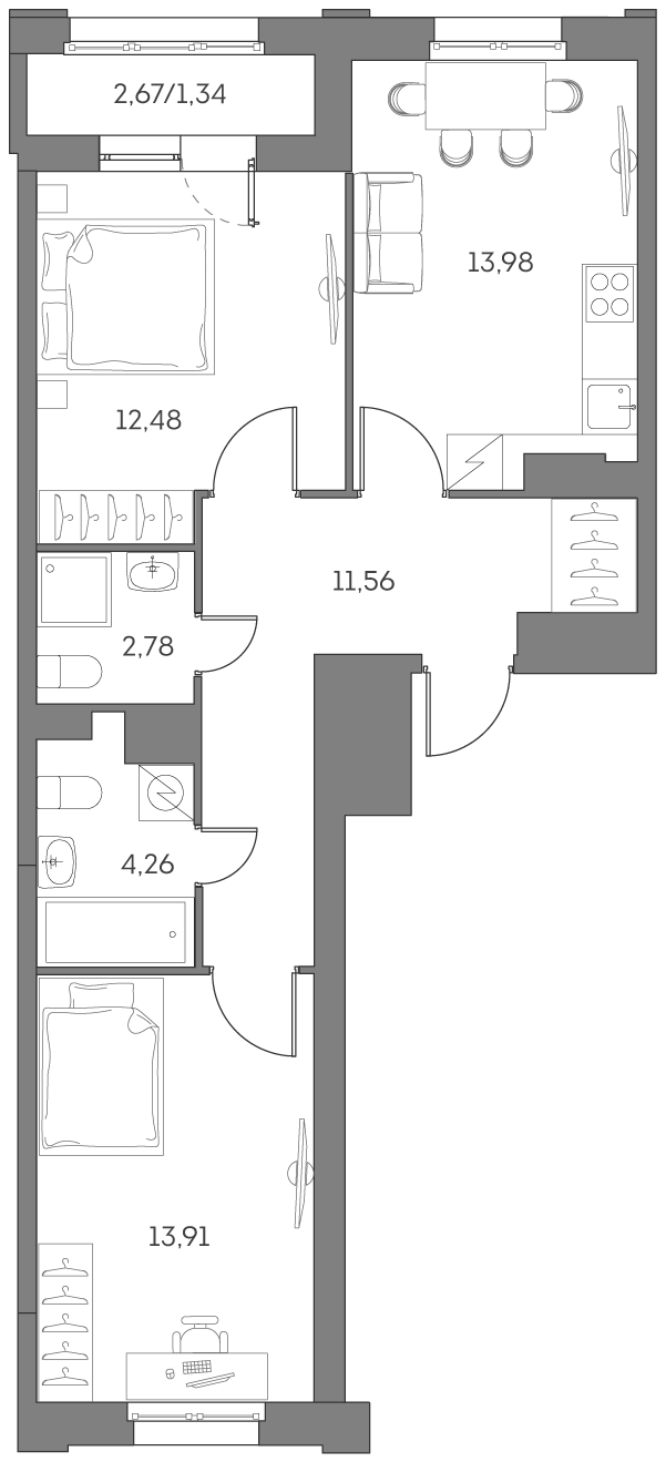 2 комн. квартира, 60.3 м², 11 этаж 