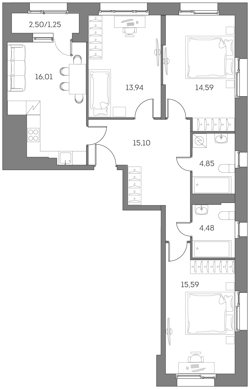 3 комн. квартира, 85.8 м², 13 этаж 