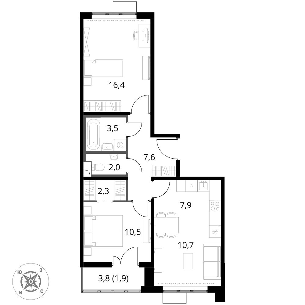 3 комн. квартира, 62.8 м², 15 этаж 
