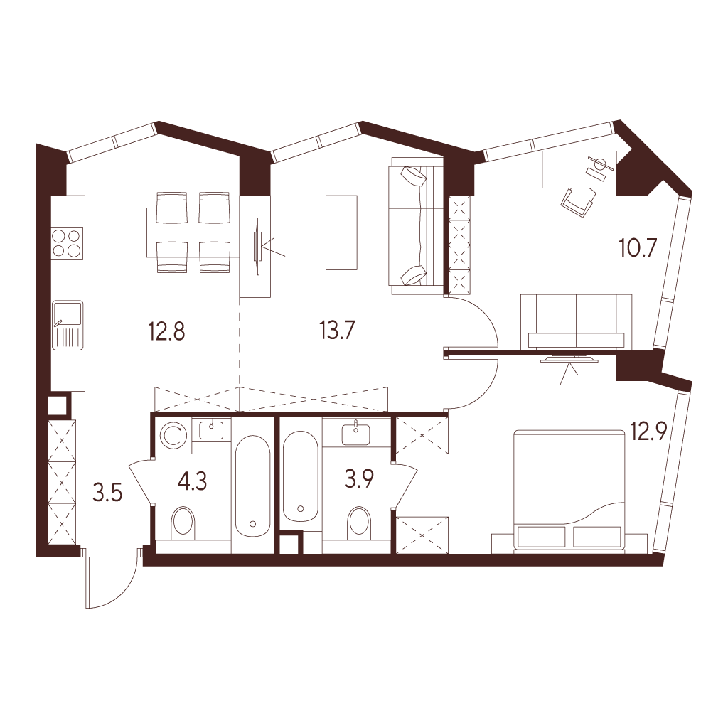 3 комн. квартира, 61.8 м², 2 этаж 