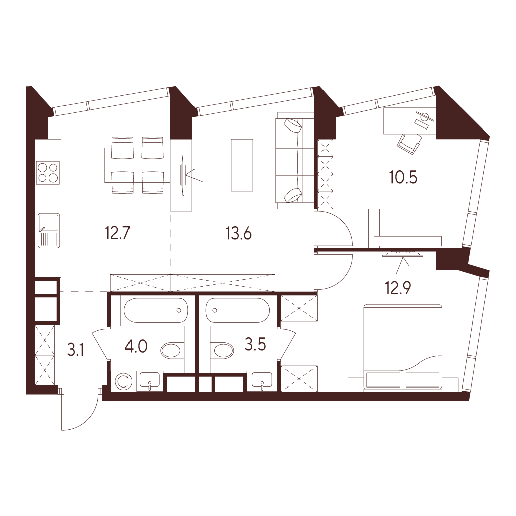 3 комн. квартира, 60.3 м², 20 этаж 