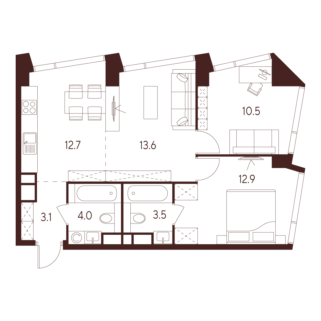 3 комн. квартира, 60.3 м², 24 этаж 