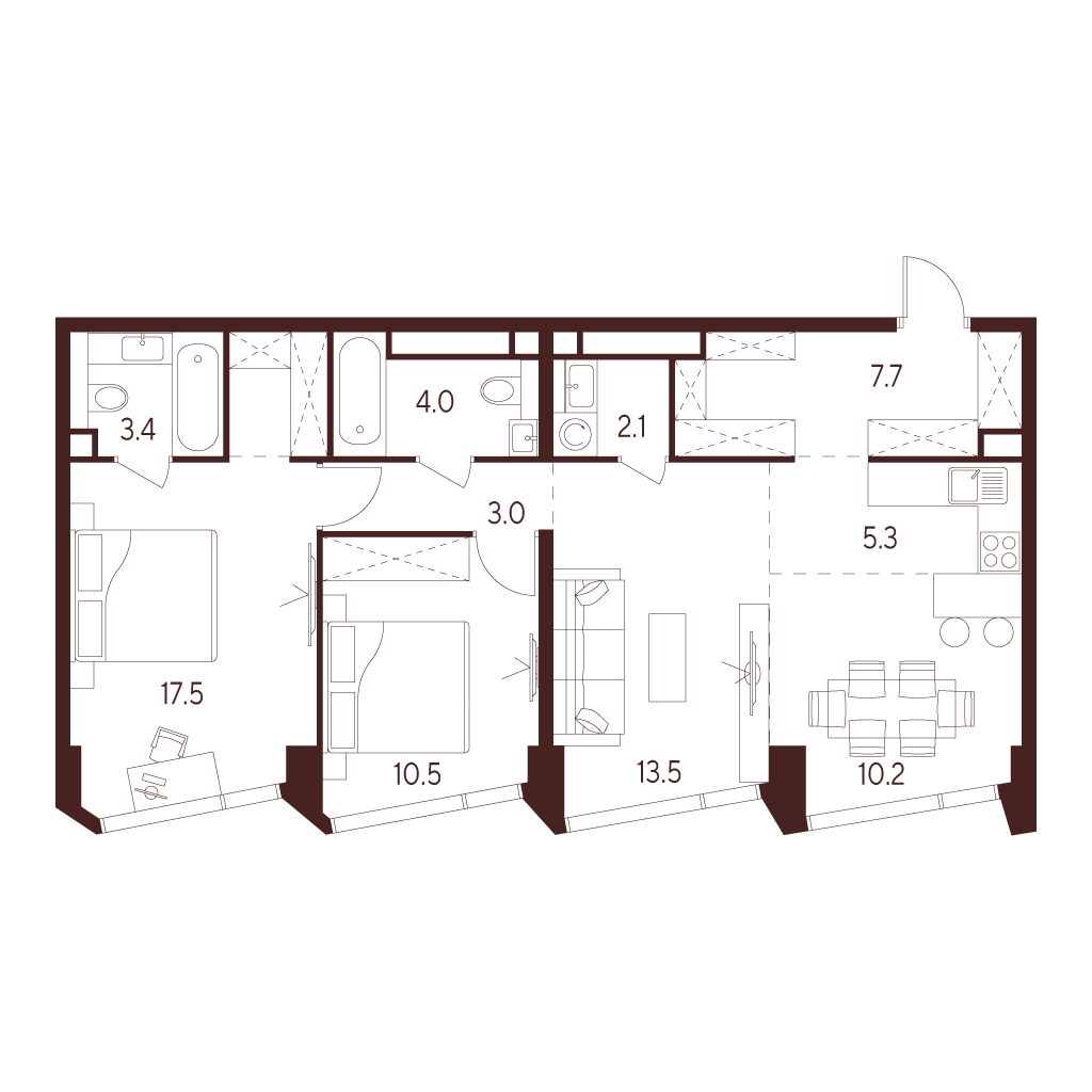 3 комн. квартира, 77.2 м², 26 этаж 