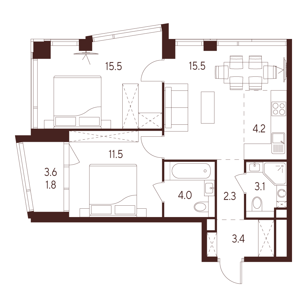 3 комн. квартира, 61.3 м², 13 этаж 