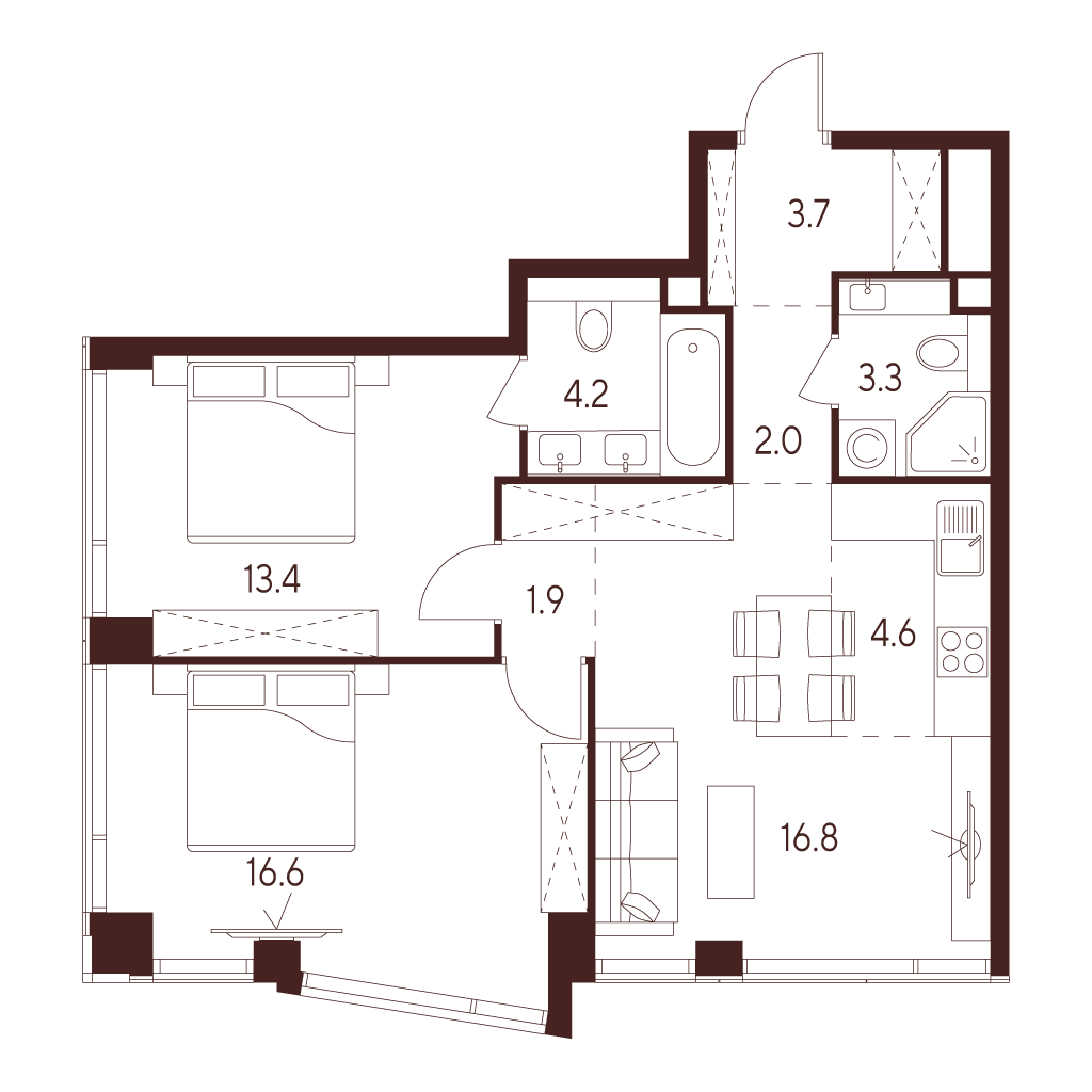 3 комн. квартира, 66.5 м², 15 этаж 