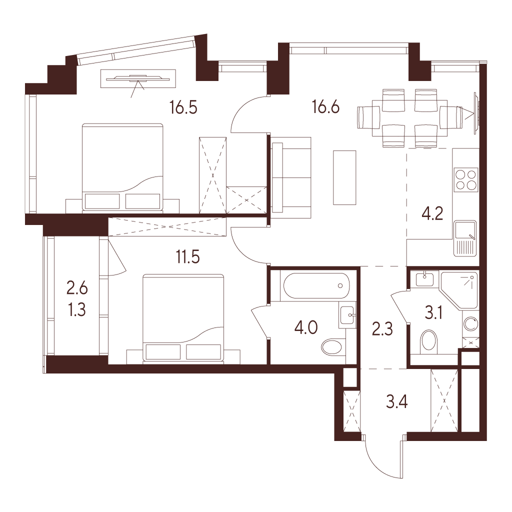 3 комн. квартира, 62.9 м², 18 этаж 