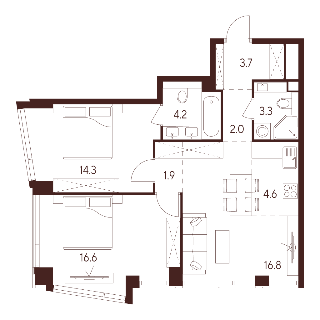 3 комн. квартира, 67.4 м², 16 этаж 