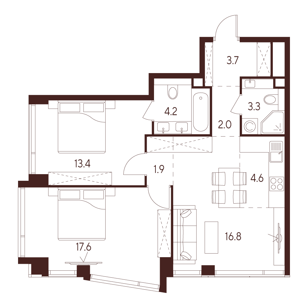 3 комн. квартира, 67.5 м², 19 этаж 