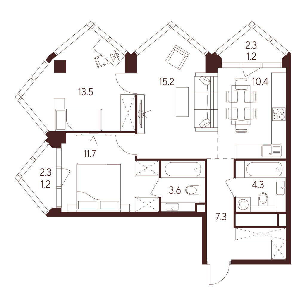3 комн. квартира, 68.4 м², 23 этаж 