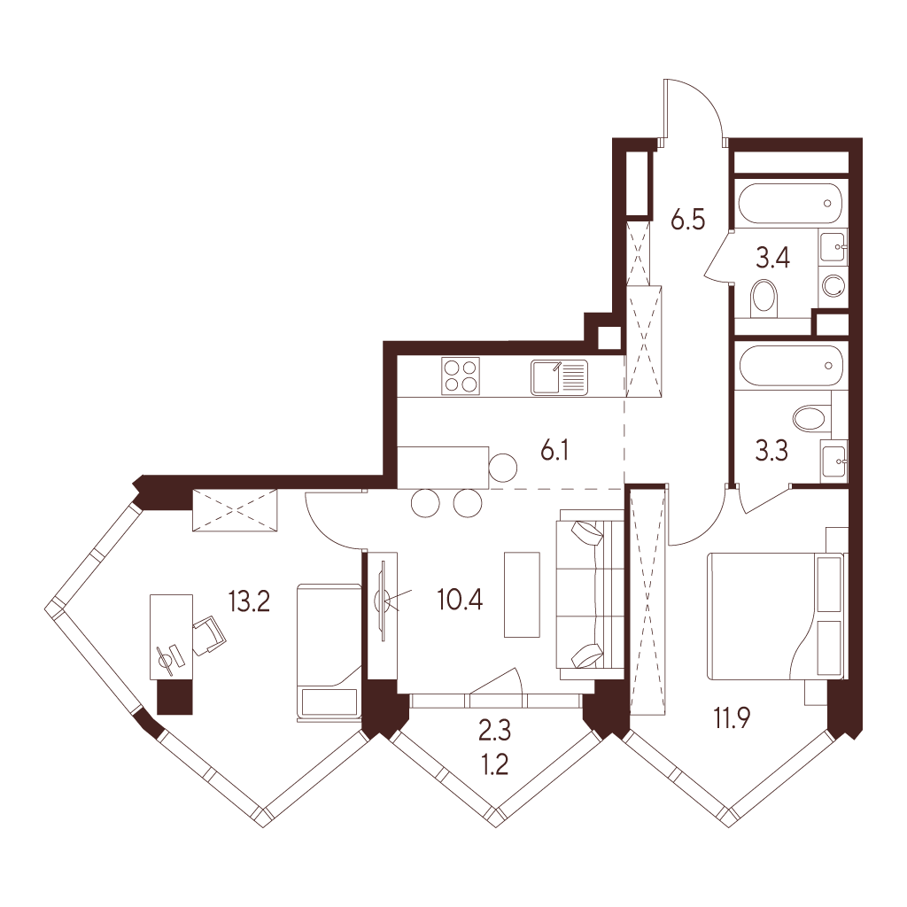 3 комн. квартира, 56 м², 23 этаж 