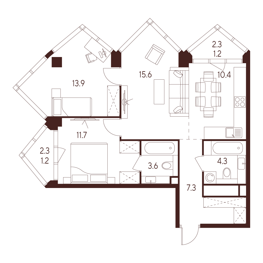3 комн. квартира, 69.2 м², 24 этаж 