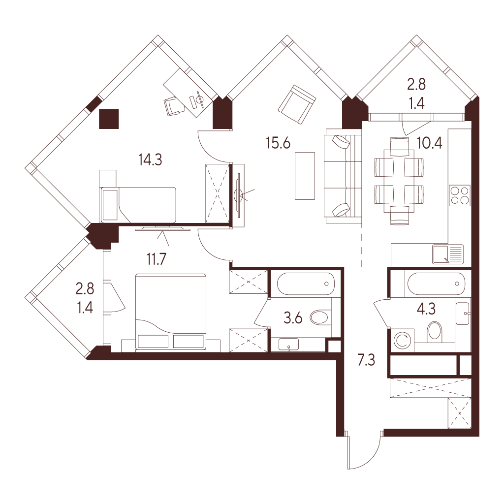 3 комн. квартира, 70 м², 26 этаж 