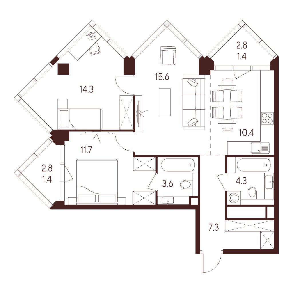3 комн. квартира, 70 м², 28 этаж 