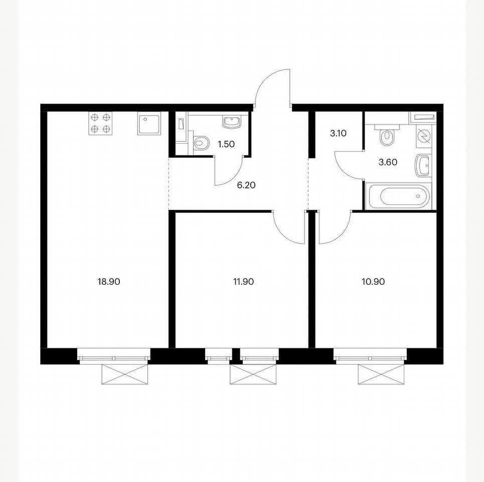 3 комн. квартира, 56.1 м², 15 этаж 