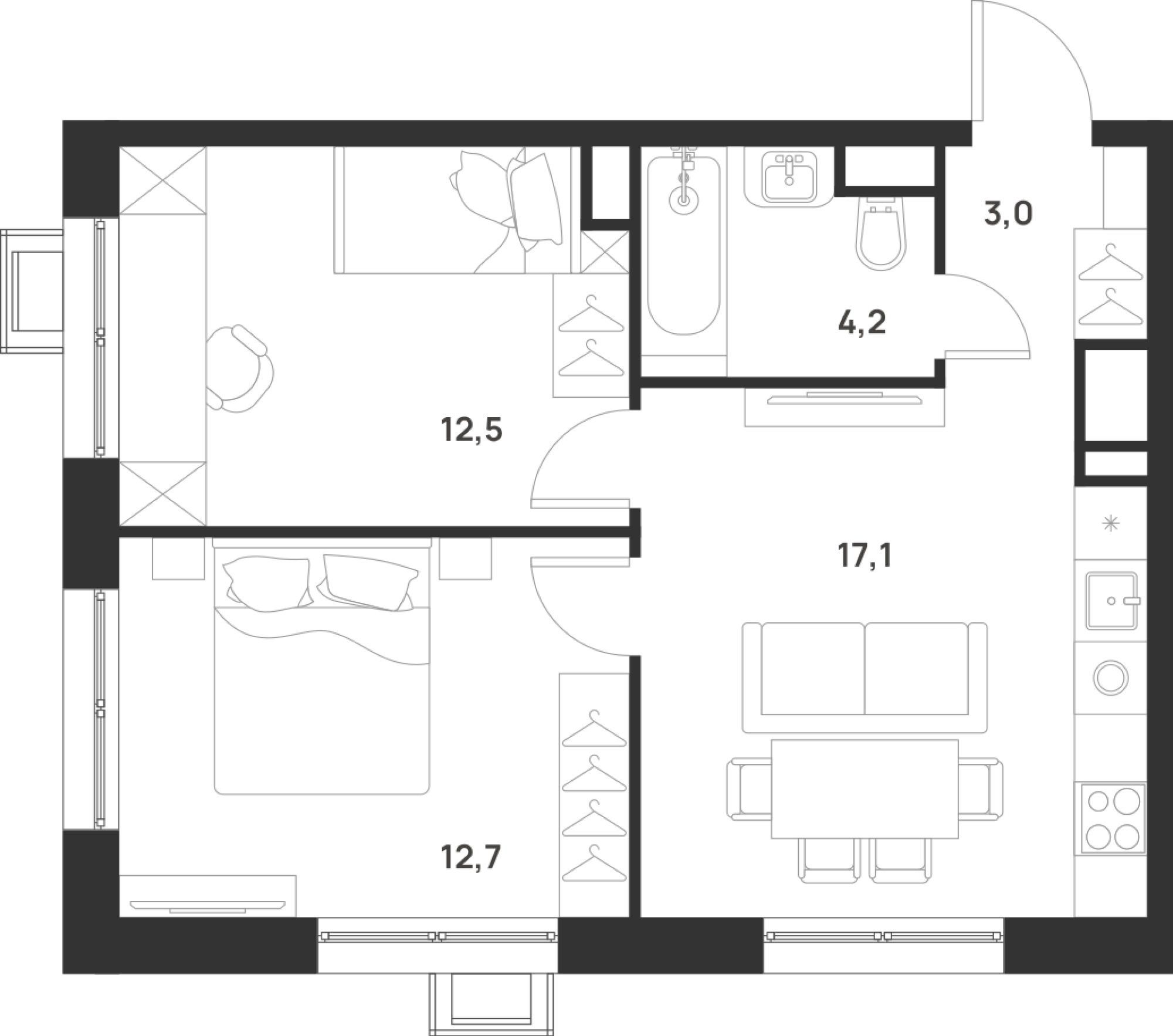 2 комн. квартира, 49.5 м², 9 этаж 