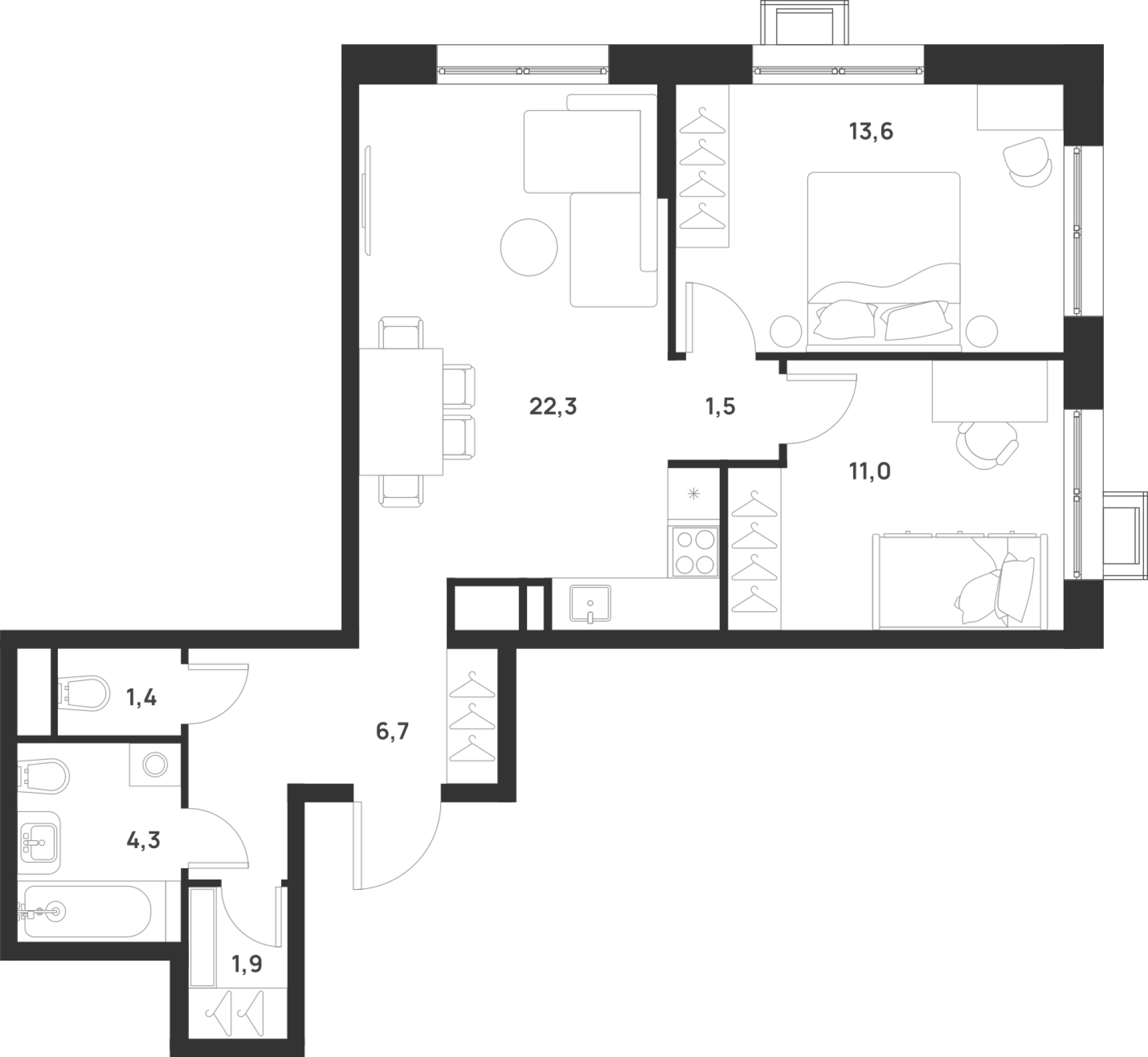 2 комн. квартира, 62.7 м², 10 этаж 