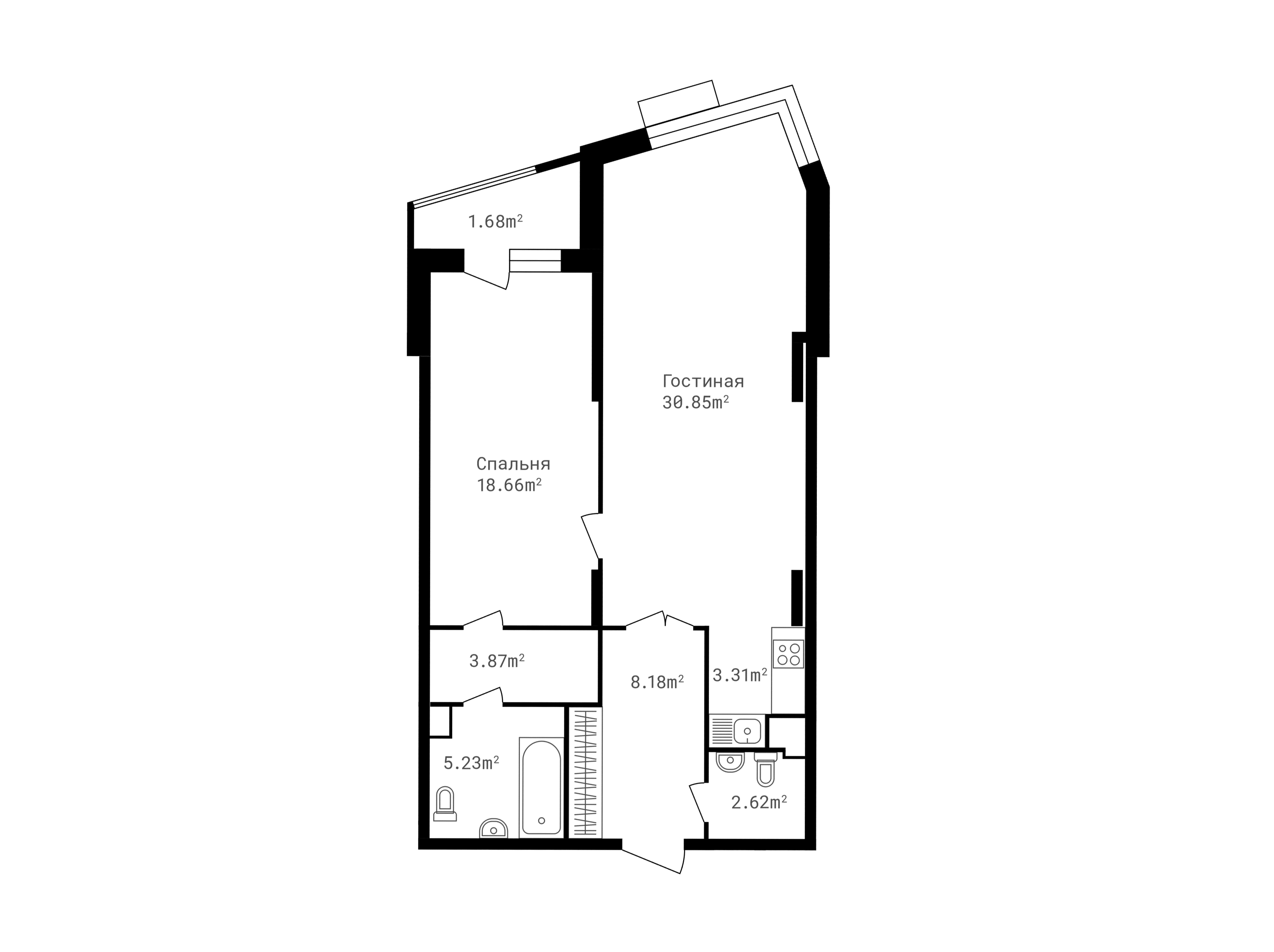 2 комн. квартира, 74.4 м², 1 этаж 