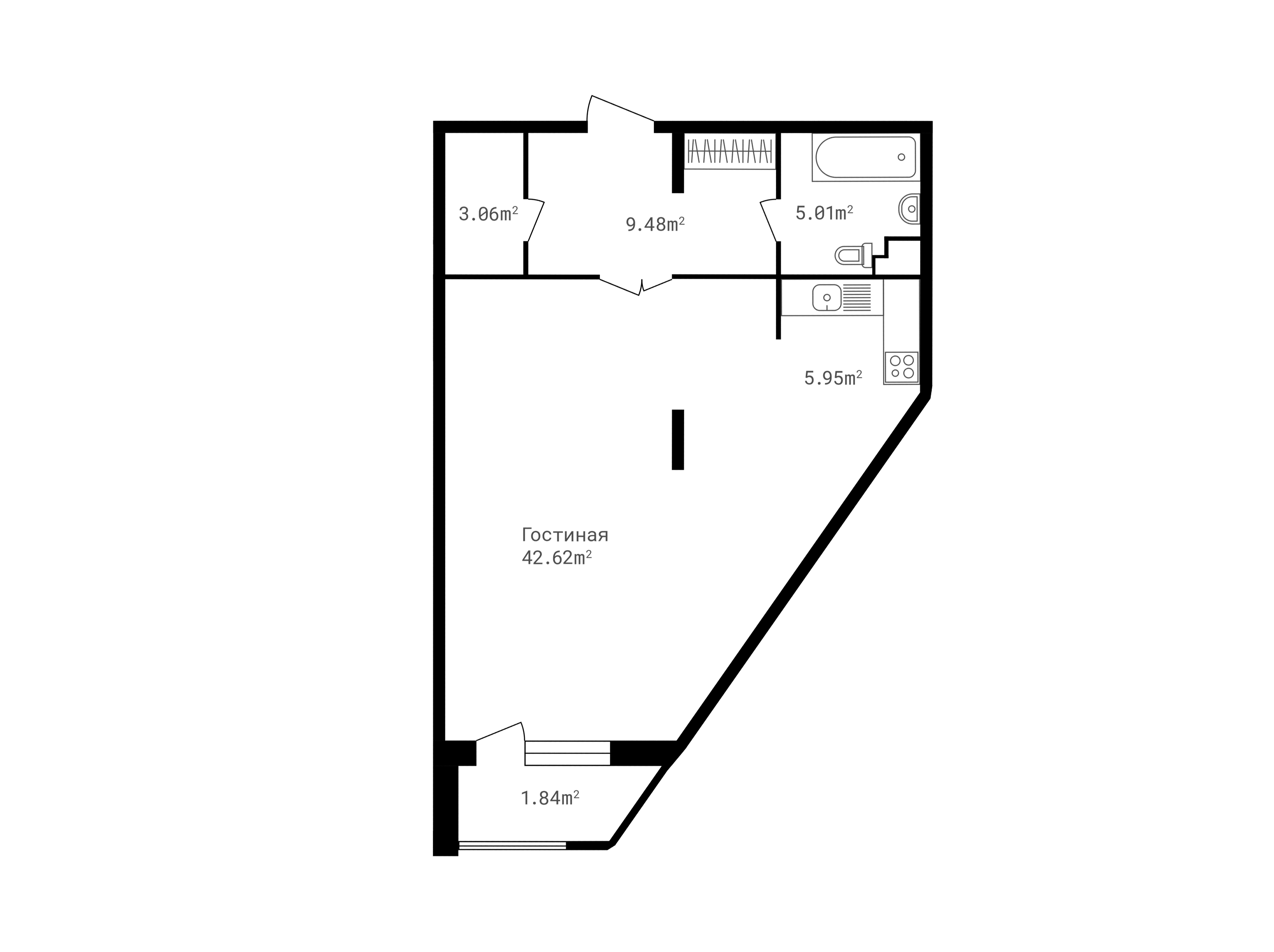 1 комн. квартира, 68 м², 1 этаж 