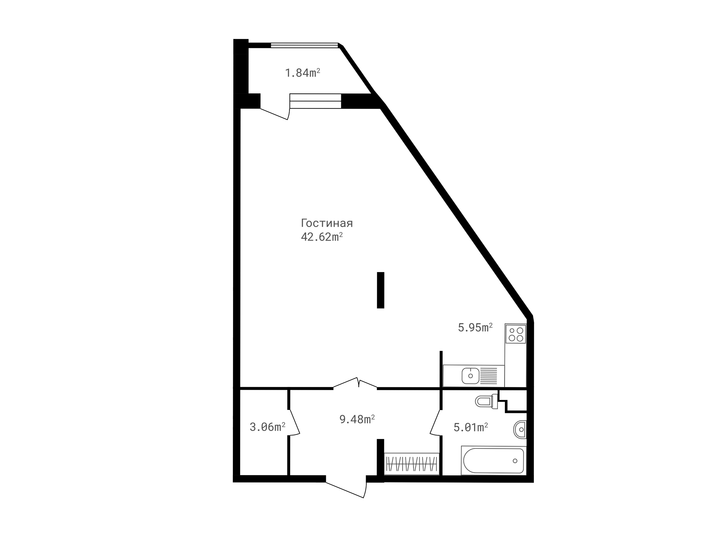 1 комн. квартира, 68 м², 1 этаж 