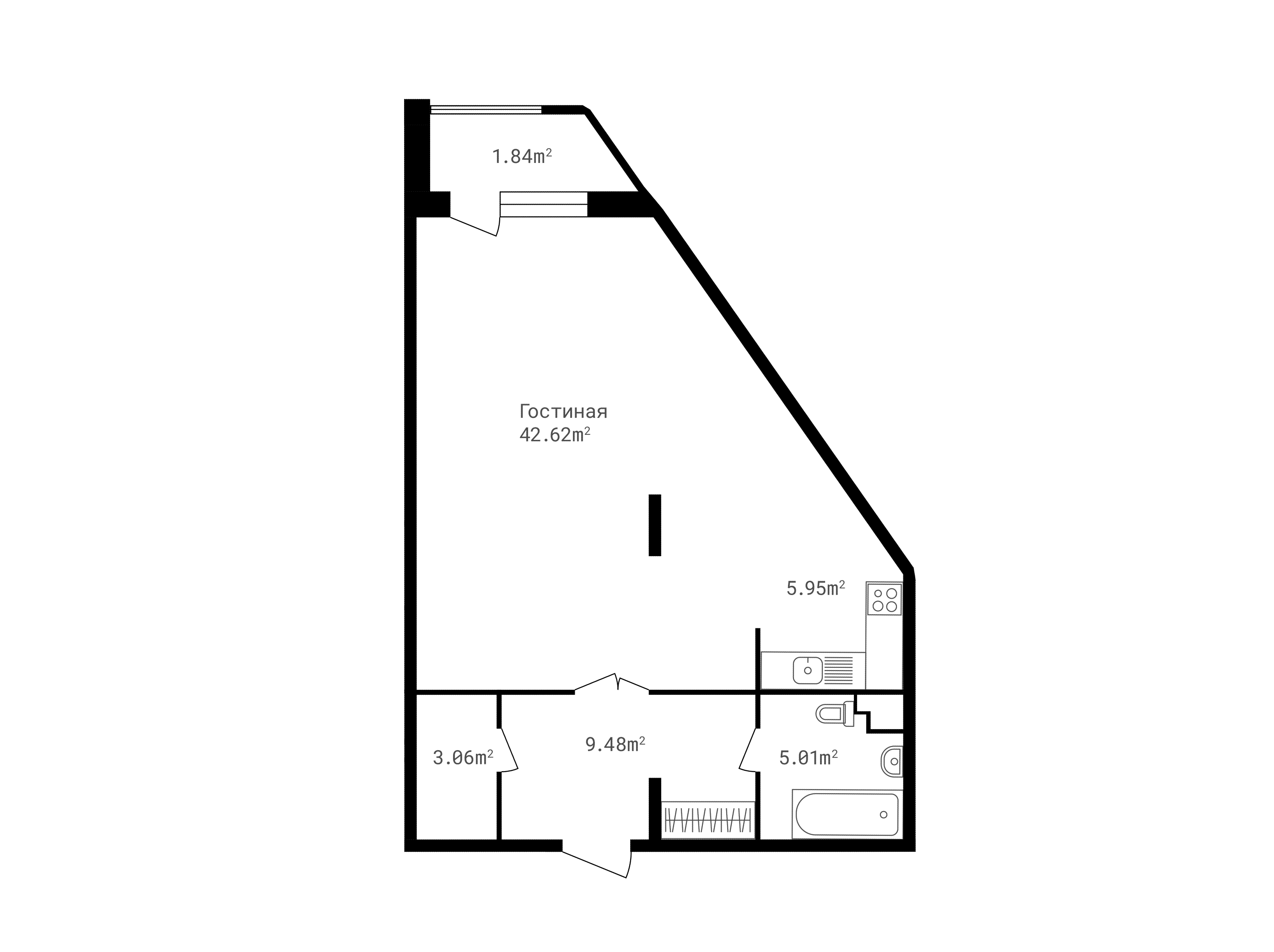 1 комн. квартира, 68 м², 2 этаж 