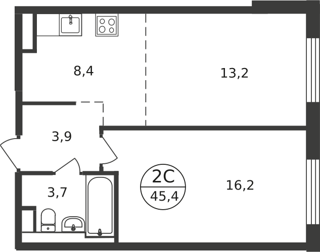 2 комн. квартира, 45.4 м², 3 этаж  (из 9)