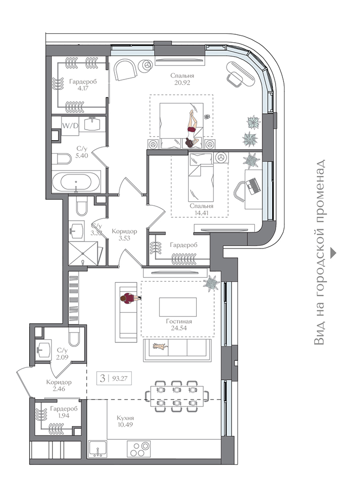 2 комн. квартира, 93.3 м², 10 этаж 