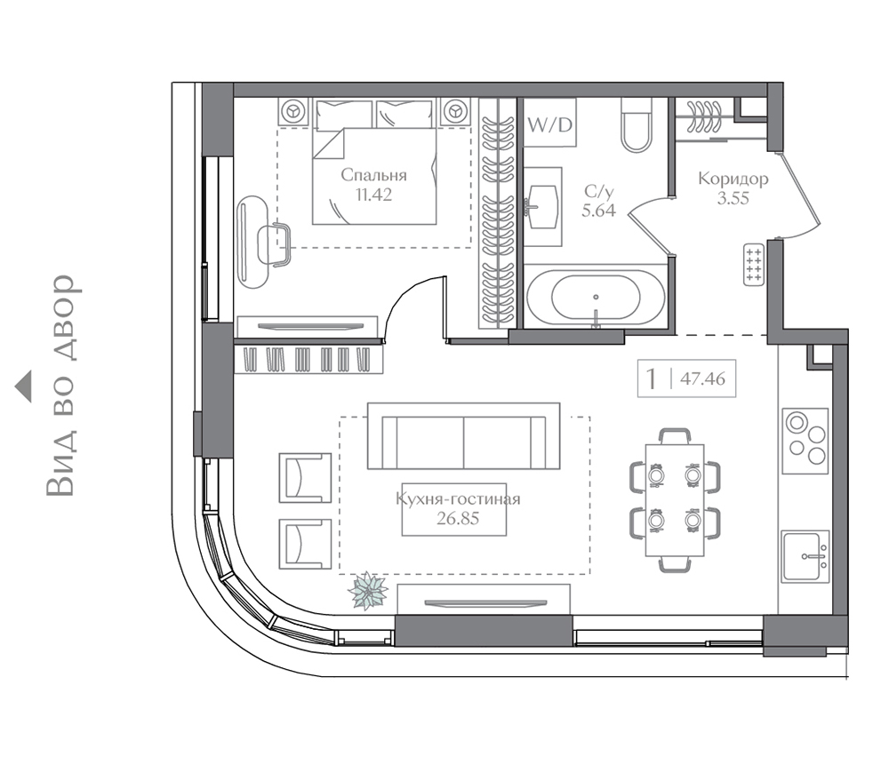 1 комн. квартира, 47.5 м², 2 этаж 