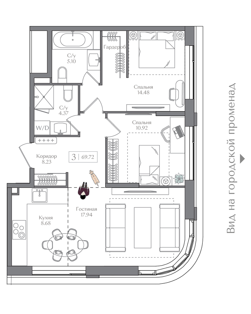 2 комн. квартира, 69.7 м², 2 этаж 