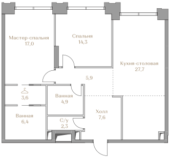 2 комн. квартира, 89.7 м², 3 этаж  (из 17)