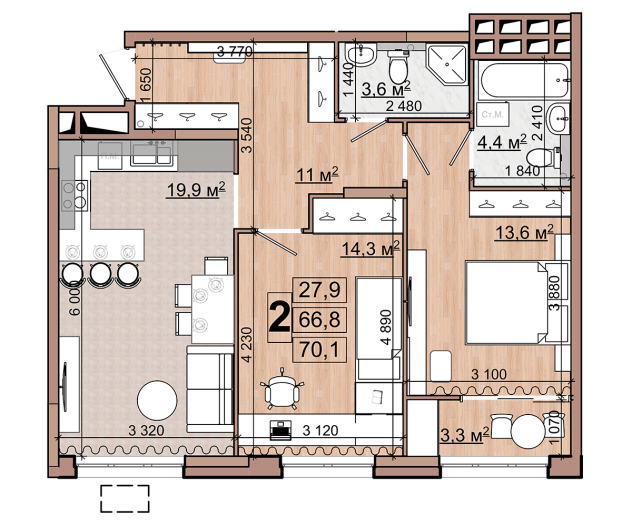 2 комн. квартира, 70.1 м², 12 этаж 