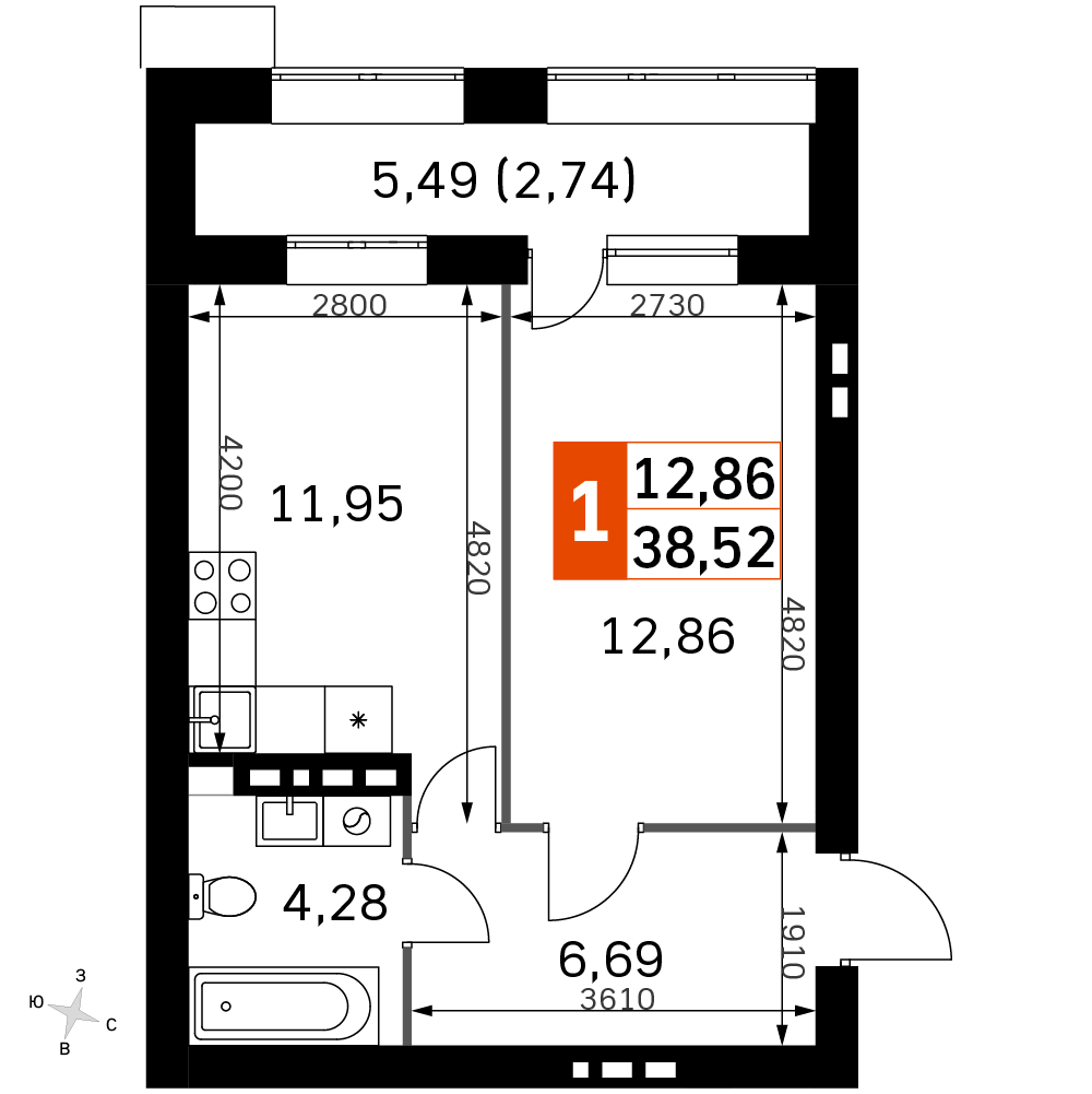 1 комн. квартира, 38.5 м², 4 этаж 