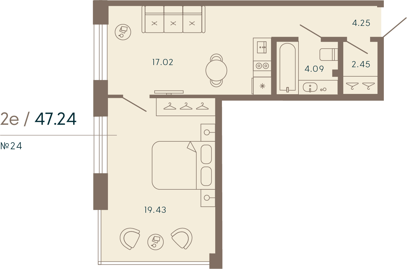 1 комн. квартира, 47.2 м², 2 этаж 