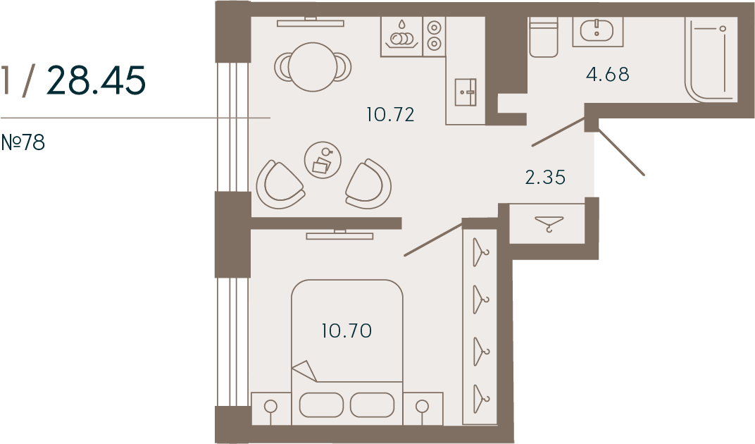 1 комн. квартира, 28.4 м², 5 этаж 