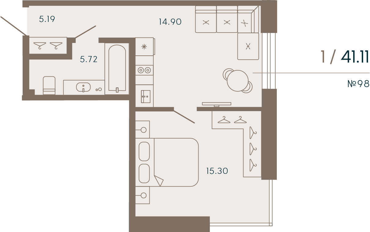 1 комн. квартира, 41.1 м², 5 этаж 